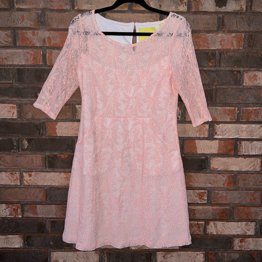 Maeve Pink Lace Knee Length Dress Short Sleeve with Pockets Size Small